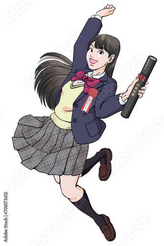 卒業証書を手にジャンプして喜ぶ女子高生_人物のみ