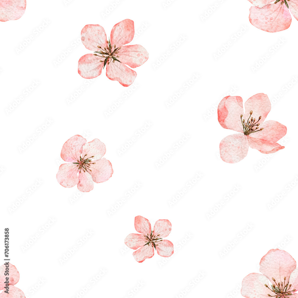 Seamless pattern with blooming cherry blossom, flowering sakura, spring apple. Floral watercolor background. Perfect for design templates, wallpaper, wrapping, fabric and textile