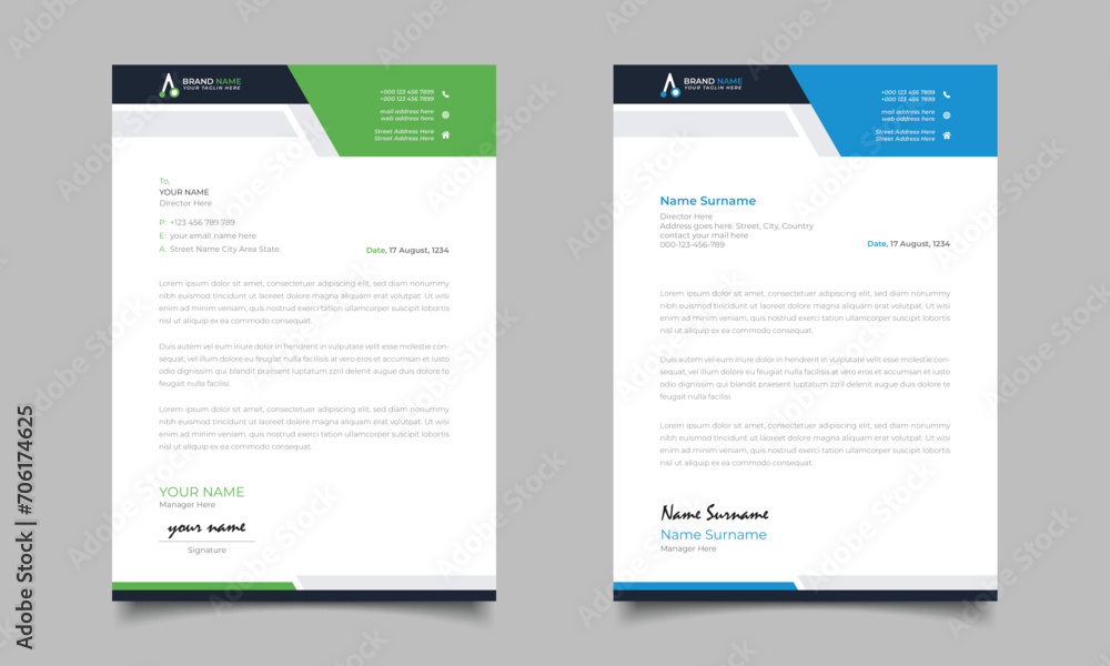 Blue And Green Modern Business Letterhead Simple clean Template Design
