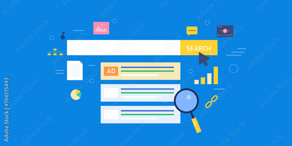 Search engine algorithm and SEO optimization concept, measure multiple ranking factor web-based results, vector illustration. Search engine algorithm and SEO optimization concept, measure multiple ranking factor web-based results, vector illustration.