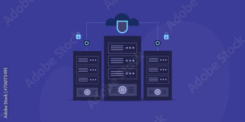 Cloud security protect network communication and online server database from cyber attack, datacentre and online hosting storage rack shield and lock concept, vector illustration.