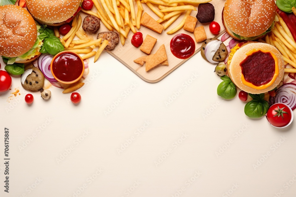 top view assortment of burgers and fries on isolated background generative ai top view assortment of burgers and fries on isolated background generative ai