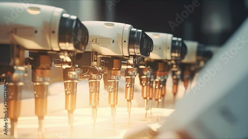 Closeup of a surgical robots grippers delicately holding and manipulating tiny instruments inside a patients body. photo