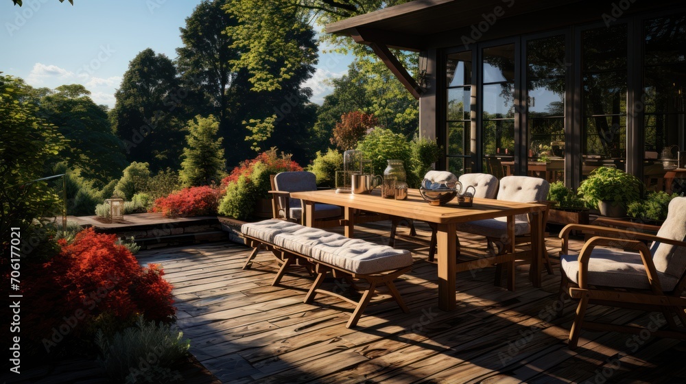 Beautiful wooden terrace with wooden furniture in the garden surrounded by green plants