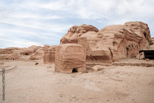 Guardian stones of Djinn blocks on outskirts of capital of Nabatean kingdom of Petra in the Wadi Musa city in Jordan
