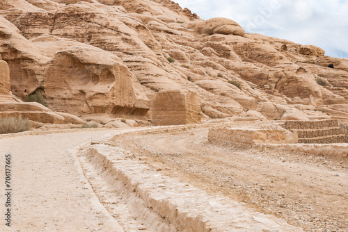 The road at beginning of the Nabatean Kingdom tourist route in the capital of the Nabatean Kingdom Petra in the city of Wadi Musa in Jordan