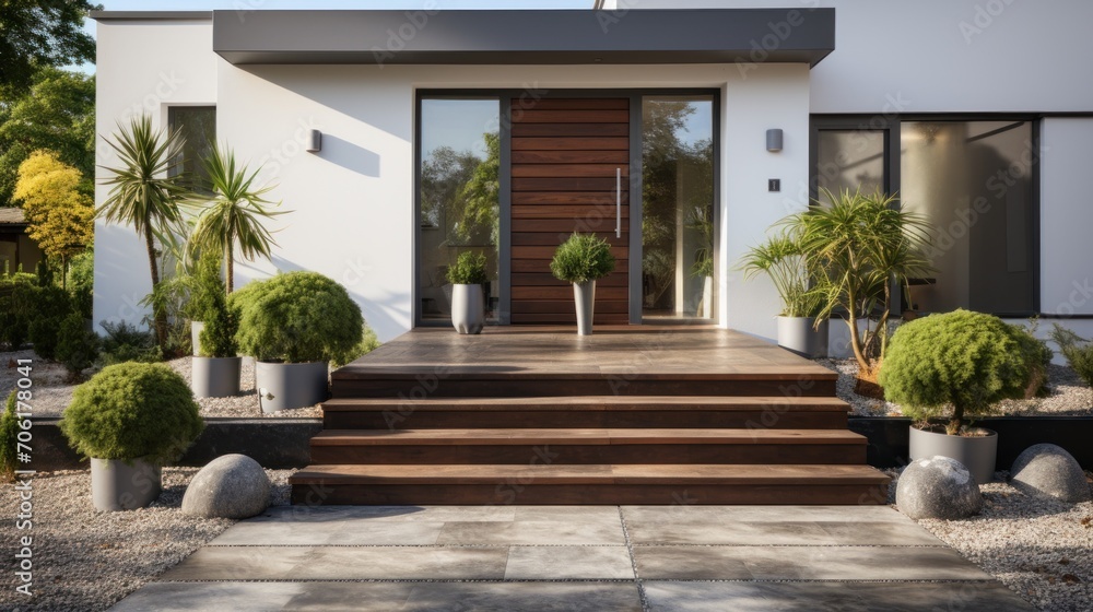 Brown modern house entrance with contemporary gray and white facade