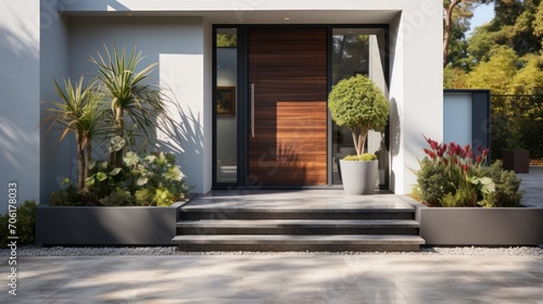 Brown modern house entrance with contemporary gray and white facade photo