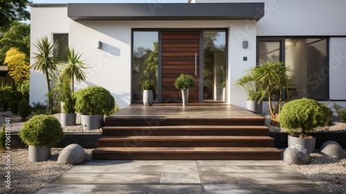 Brown modern house entrance with contemporary gray and white facade © Prasojo