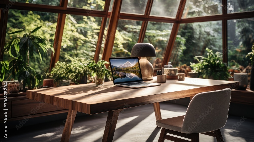 Modern home workspace with wooden desk and laptop near large window and green space Modern home workspace with wooden desk and laptop near large window and green space