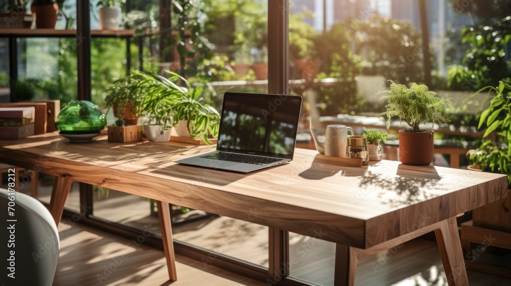 Modern home workspace with wooden desk and laptop near large window and green space