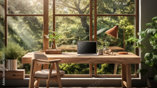 Modern home workspace with wooden desk and laptop near large window and green space