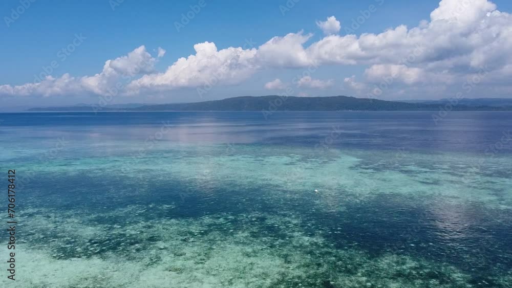 Aerial drone rising over coral reef ecosystem in crystal clear ocean water of Raja Ampat, West Papua, Indonesia Aerial drone rising over coral reef ecosystem in crystal clear ocean water of Raja Ampat, West Papua, Indonesia