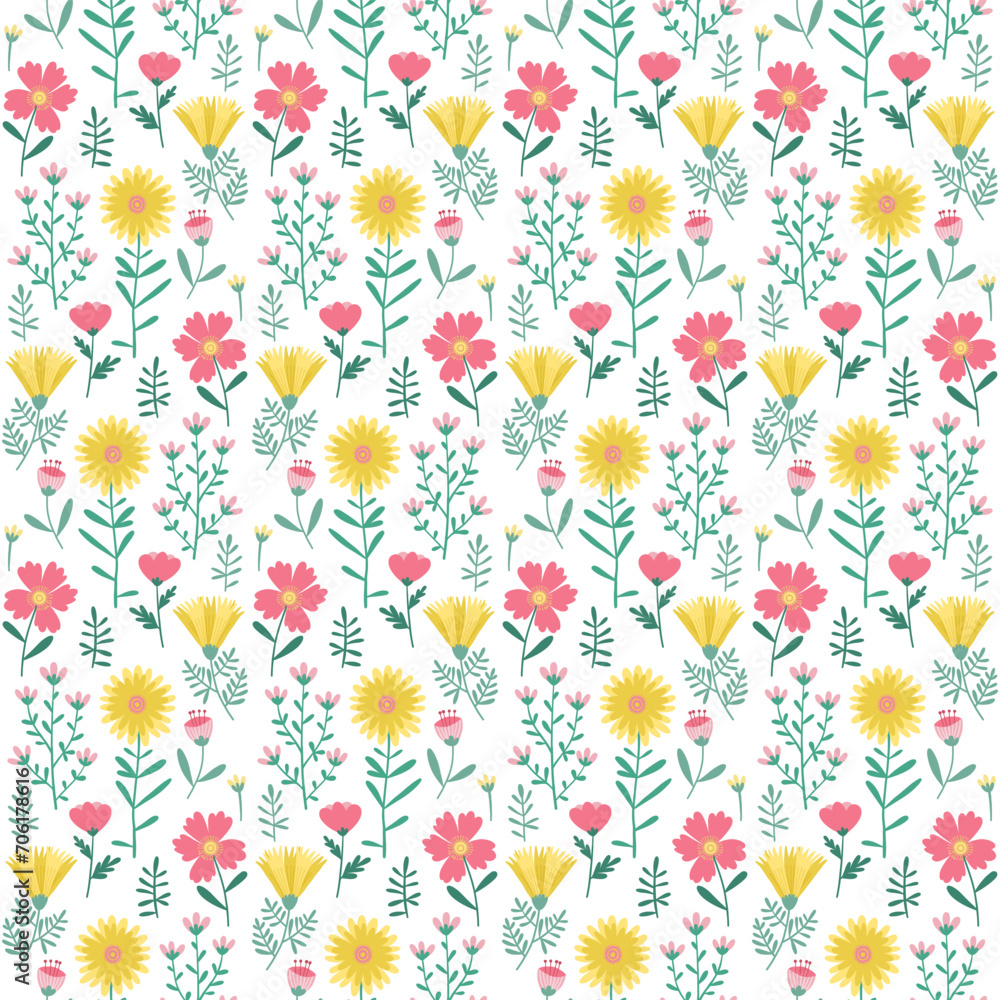 Floral Seamless Pattern of Flowers and Leaves in Yellow, Green and Pink on White Background. Wallpaper Design for Textiles, Fabrics, Papers Prints, Fashion Backgrounds, Wrappings, Packaging. Floral Seamless Pattern of Flowers and Leaves in Yellow, Green and Pink on White Background. Wallpaper Design for Textiles, Fabrics, Papers Prints, Fashion Backgrounds, Wrappings, Packaging.