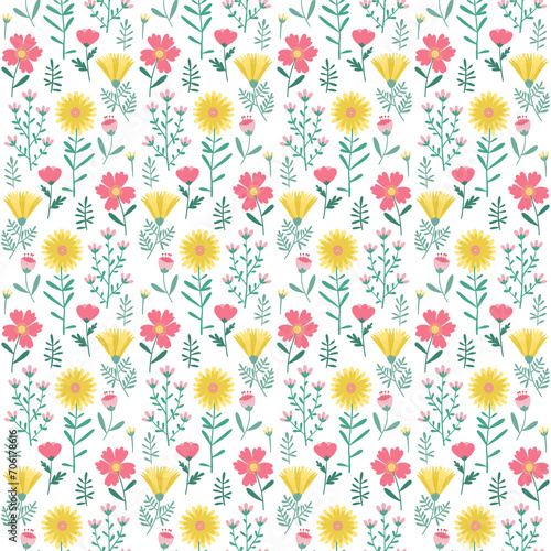 Floral Seamless Pattern of Flowers and Leaves in Yellow, Green and Pink on White Background. Wallpaper Design for Textiles, Fabrics, Papers Prints, Fashion Backgrounds, Wrappings, Packaging.