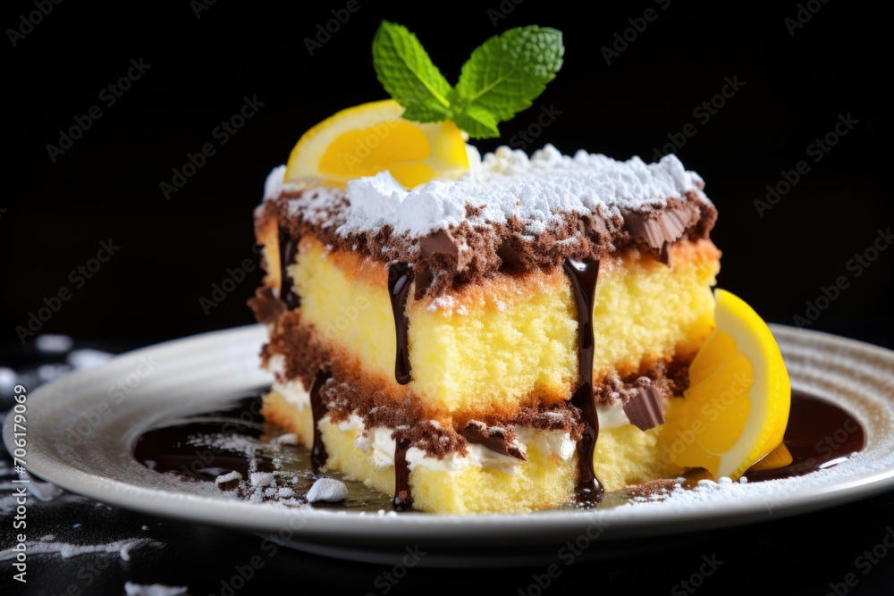 Lemon Cake topped with fresh lemon and a dusting of powdered sugar Lemon Cake topped with fresh lemon and a dusting of powdered sugar