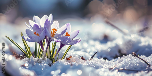 Close-up of crocus flowers growing from under the snow, concept of upcoming springtime © Aleksandr Bryliaev