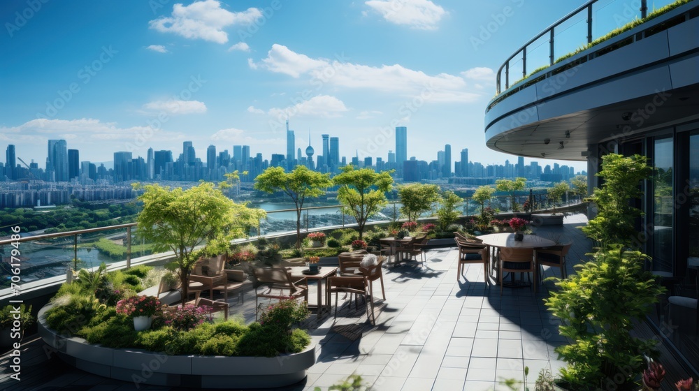 Sky garden on the hotel's private rooftop, with views of the city, mountain landscape and blue sky Sky garden on the hotel's private rooftop, with views of the city, mountain landscape and blue sky