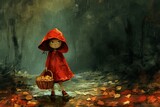 Illustration of little red riding hood, cartoon and books personage of fairytale