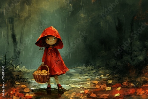 Illustration of little red riding hood, cartoon and books personage of fairytale