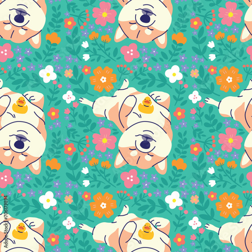 CUTE SHIBA INU WITH FLORAL SEAMLESS PATTERN