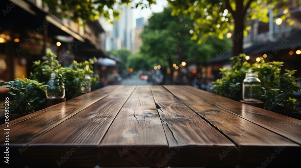 Wooden table top with blurred coffee shop background and lots of trees Wooden table top with blurred coffee shop background and lots of trees