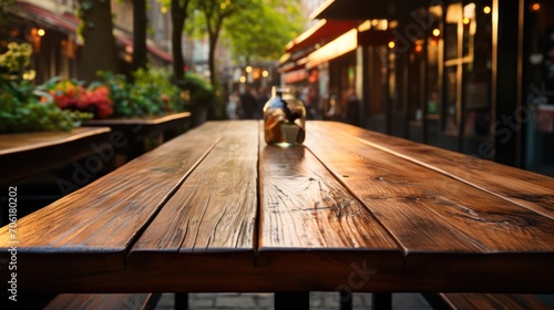 Wooden table top with blurred coffee shop background and lots of trees