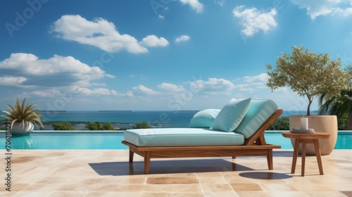 A wooden daybed on a wooden floor near the swimming pool with a view of the blue sky