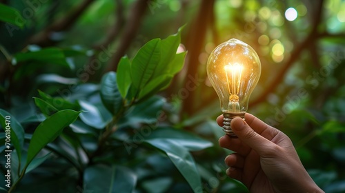 Hand holding light bulb against nature on green leaf, Organization sustainable development environmental and business responsible environmental, Ecology, Energy sources for renewable
