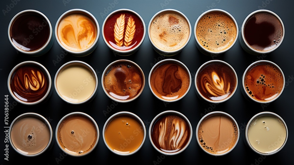 Aerial view of various coffees on the table Aerial view of various coffees on the table