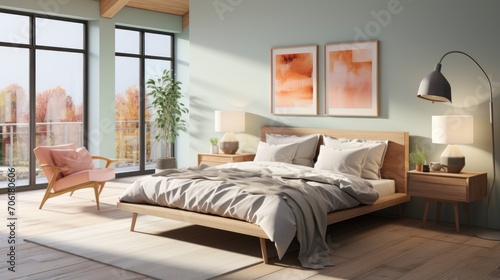 pastel colored bedroom with a large lamp bed  wardrobe and window with a beautiful view