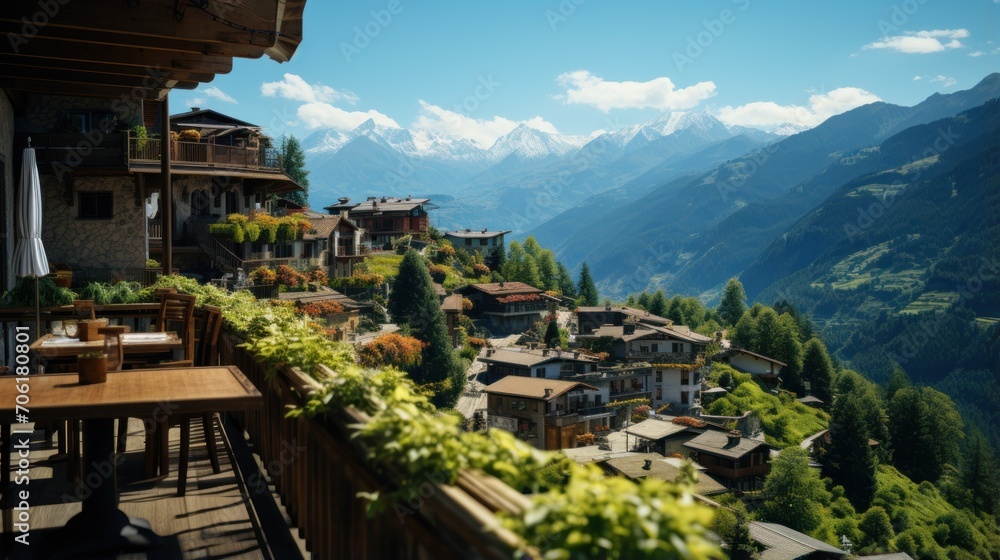 balcony with City and Forest views in Mountain Landscape on a Sunny Day