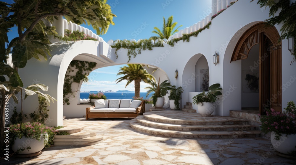 Home entrance with white concept, cement and stone floors, tropical plants, outdoor chairs and tables