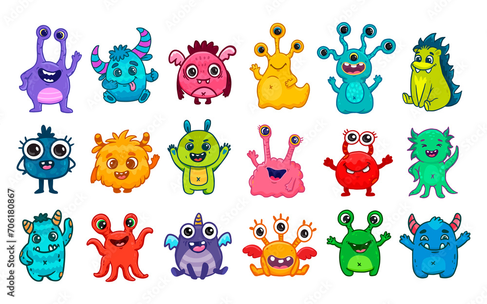 Obraz premium Big set of cartoon monsters. Cute monsters. Kids funny character design for posters, cards, magazins.