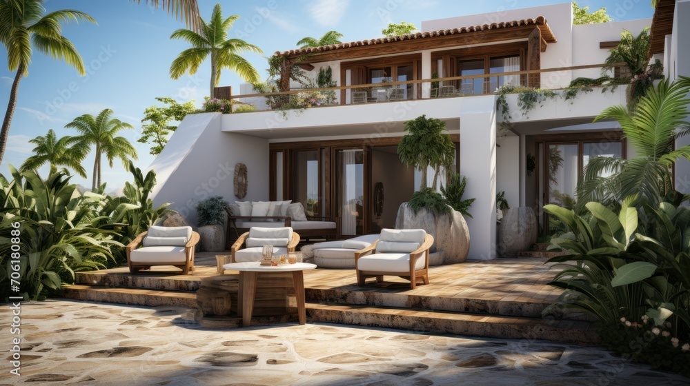 Fototapeta premium Home entrance with white concept, cement and stone floors, tropical plants, outdoor chairs and tables