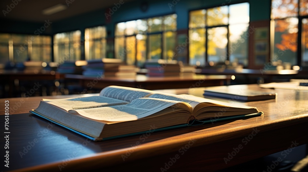 Books in the library with textbook collision and one of the books open Books in the library with textbook collision and one of the books open