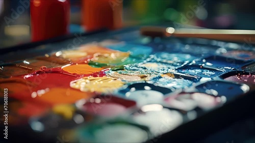 Macro image of a paint palette, filled with an array of different colors being used to meticulously paint a miniature set piece from a critically acclaimed television series. photo