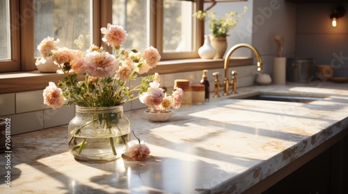 A clean golden brown marble table with lots of flowers and a bowl of strawberries