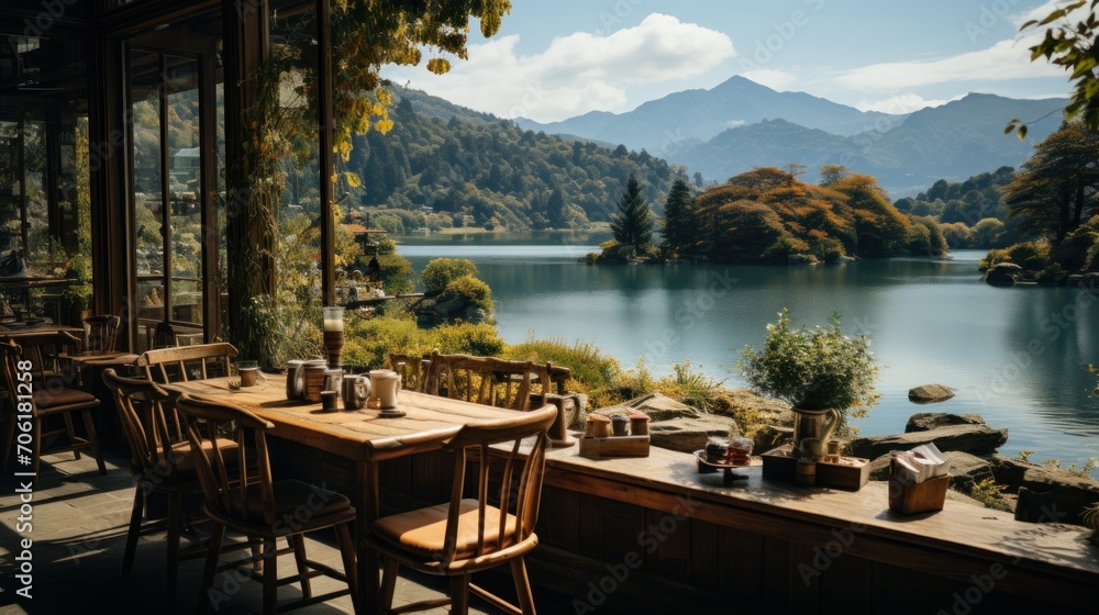 coffee shop with view of beautiful lake