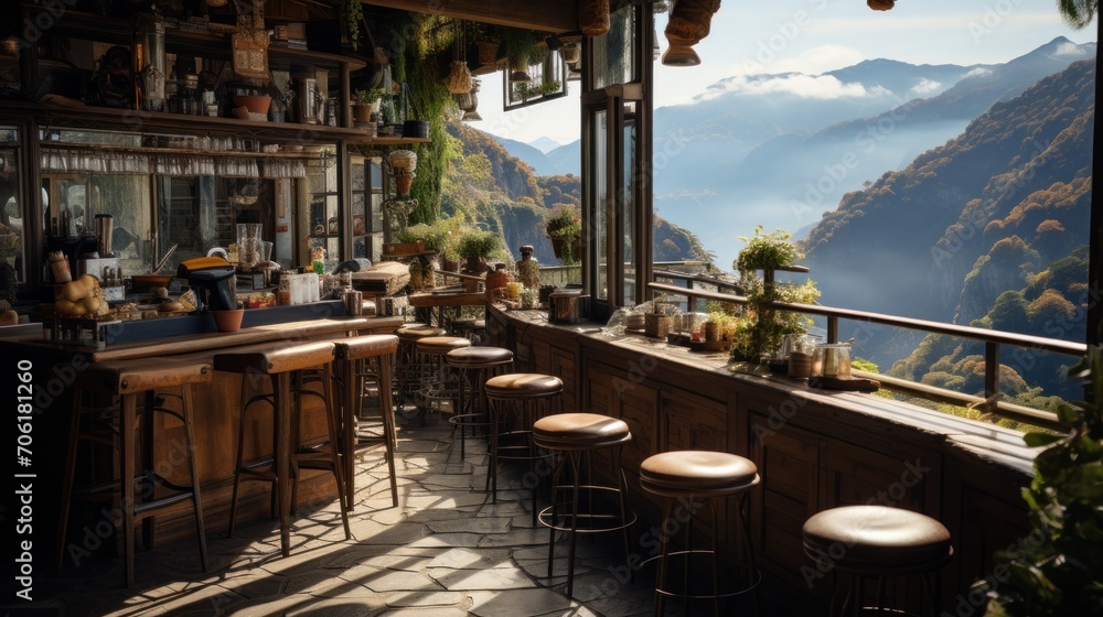 coffee shop with view of beautiful mountain