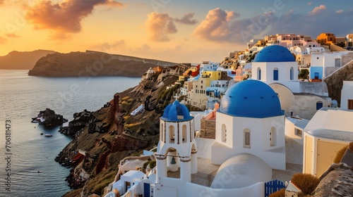 Santorini Greece skyline at sunset. Beautiful travel photo in the Mediterranean. Blue domed buildings with white stone.