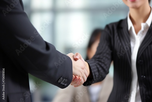 Happy mid aged business woman manager handshaking at office meeting. Smiling female hr hiring recruit at job interview © Nuth