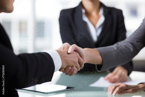 Happy mid aged business woman manager handshaking at office meeting. Smiling female hr hiring recruit at job interview