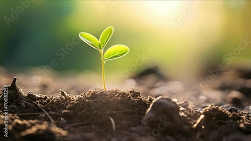 Closeup of a tiny sprout emerging from the soil, symbolizing new life and growth in a tree planting initiative. photo
