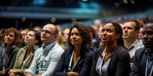 Diverse men and women attending a conference in a convention center.Business people applauding for public speaker during seminar 