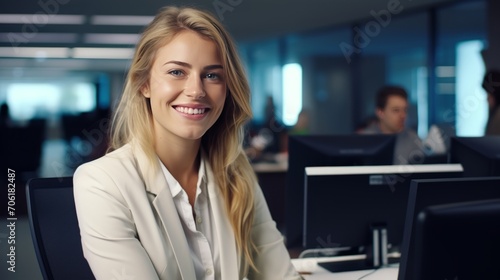 Portrait of young smiling woman looking at camera in office