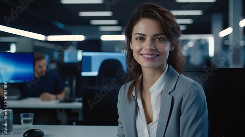 Portrait of young smiling woman looking at camera in office