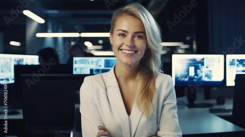 Portrait of young smiling woman looking at camera in office