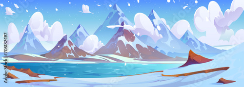 Winter snowy landscape with frozen lake near rocky mountains foot under blue sky with clouds. Cartoon vector panoramic peaceful cold scenery with pond and shore covered with snow near high hills.