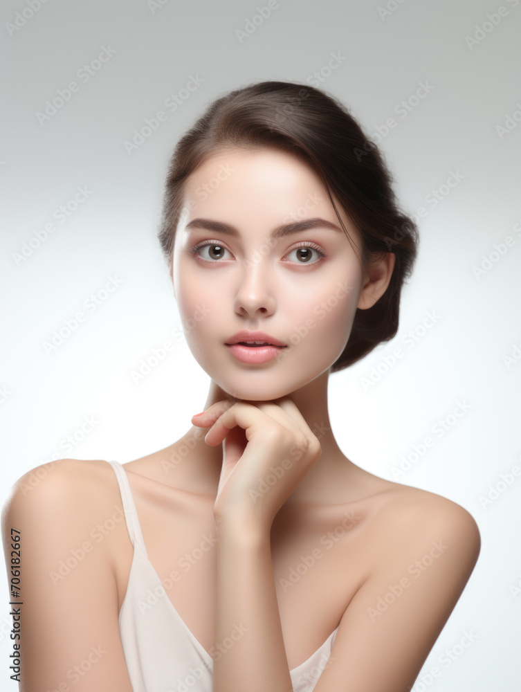 Portrait of a young woman with natural makeup and natural styling.Cosmetology,beauty and Spa Happy beautiful girl holding her cheeks with a laugh looking to the side.Pretty woman clean fresh skin. Portrait of a young woman with natural makeup and natural styling.Cosmetology,beauty and Spa Happy beautiful girl holding her cheeks with a laugh looking to the side.Pretty woman clean fresh skin.